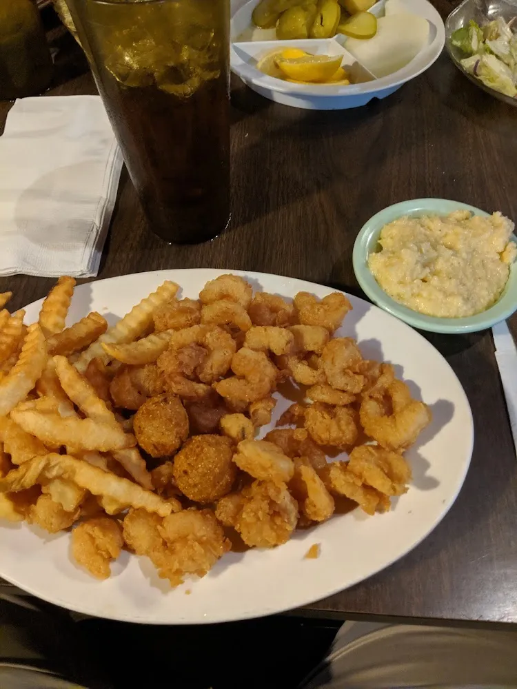 Popcorn Shrimp with Fries and Cheese Grits
